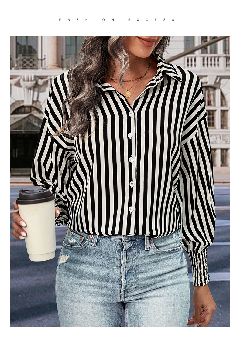Top da donna Camicia a righe bianche e nere a maniche lunghe_voghion.com