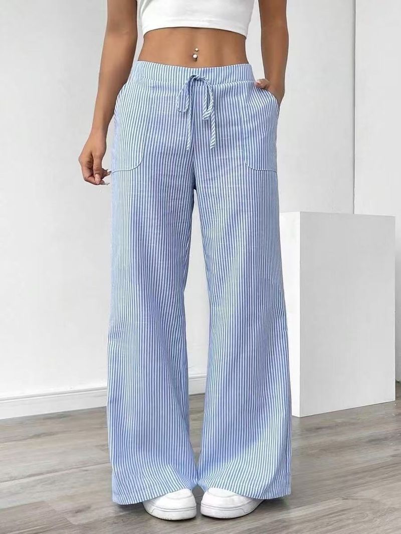 2025s 2025 Spring/Summer New Comfortable Casual Drawstring Pocket Slimming Striped Wide-leg Pants_voghion.com