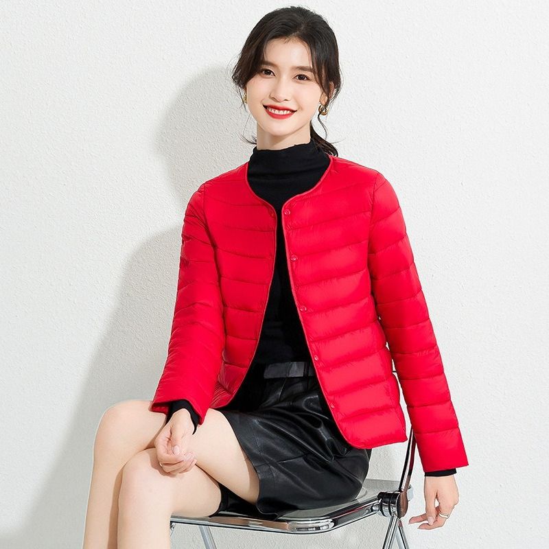 K Women's New Style Round Neck Cotton Padded Jacket, Slim Fit Base Layer, Solid Color Slimming Warm Short Lightweight Cotton Coat._voghion.com
