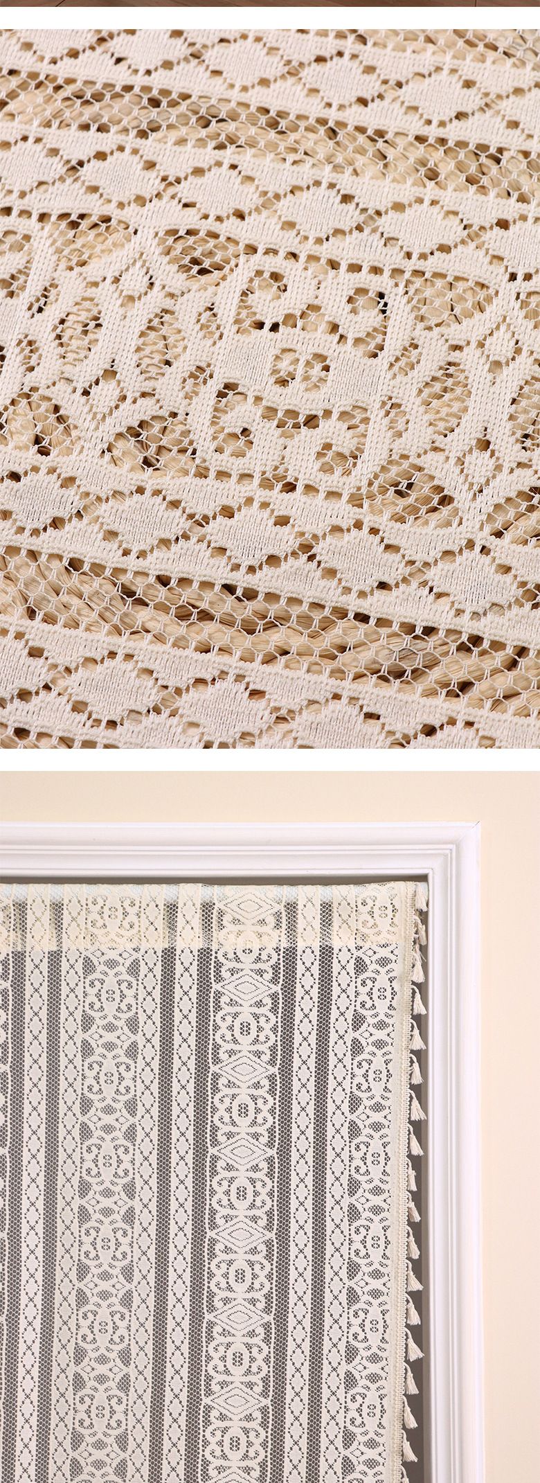 Tenda per porta in poliestere bohémien, senza foratura, in pizzo, con motivo geometrico, per soggiorno e camera da letto, divisorio vintage._voghion.com