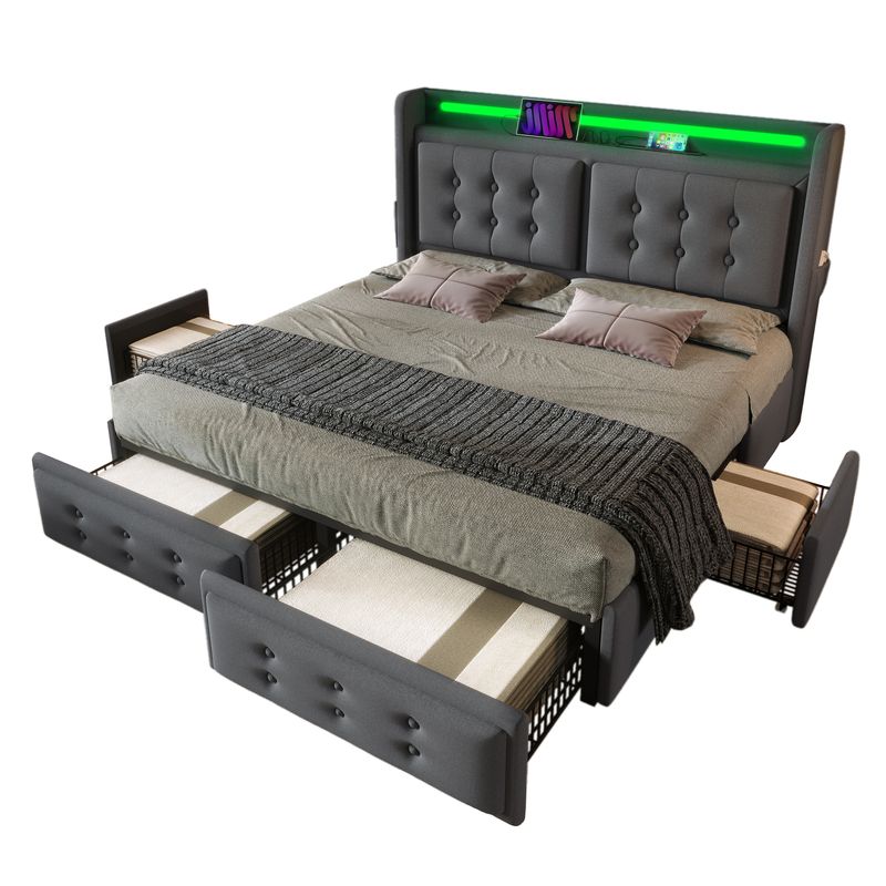 Lit double 140 x 200 cm avec tête de lit LED, chargement USB-C, 4 tiroirs, cadre de lit avec lattes en bois et structure en métal, charge maximale 300 kg, gris, tissu coton (matelas inclus)._voghion.com