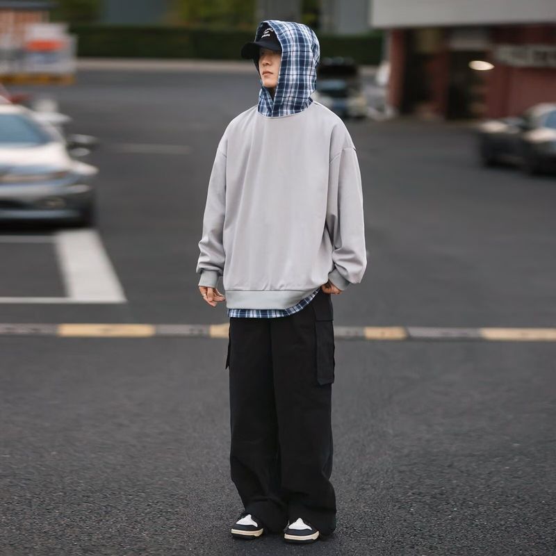 Felpa con cappuccio retrò a quadri per uomo in primavera e autunno, nuova tendenza giacca patchwork casual ampia e versatile per coppie_voghion.com