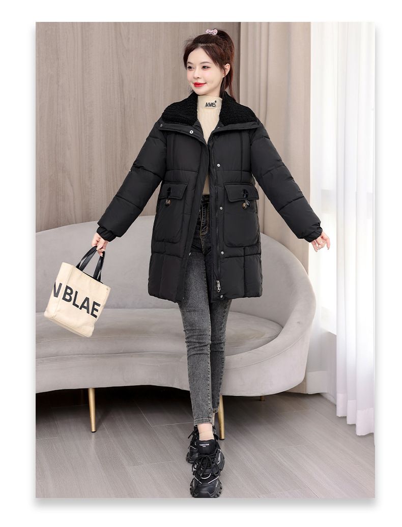 Grenzüberschreitender Kragen, neuer Winter 2024, dicke Daunenjacke für Damen, mittellang bis lang, koreanische Version, lockerer Baumwolljackenmantel_voghion.com