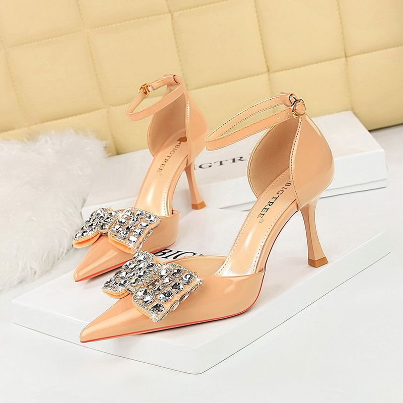 8323-H20 Summer Women's Shoes Pointed Hollow Water Diamond Bow Strap High Heels Sandals_voghion.com