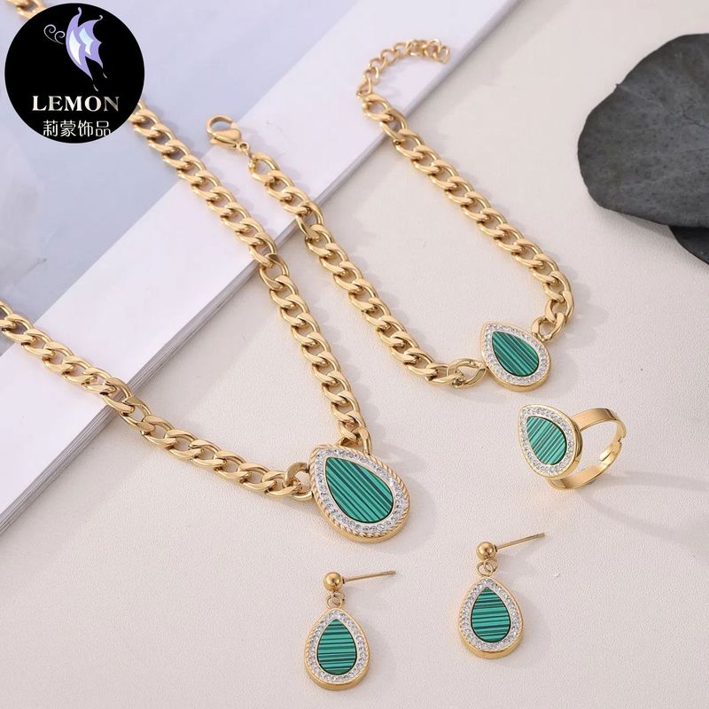 Collana con catena cubana in madreperla colorata e zirconi per donna, orecchini pendenti a goccia in acciaio al titanio, anello e bracciale_voghion.com
