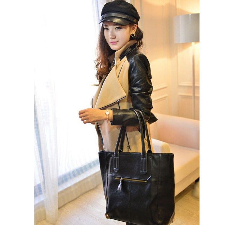 2025 Extraordinary Mid-Length Plus Size With Patchwork Leather Sleeves Woolen Overcoat Trench Coat_voghion.com