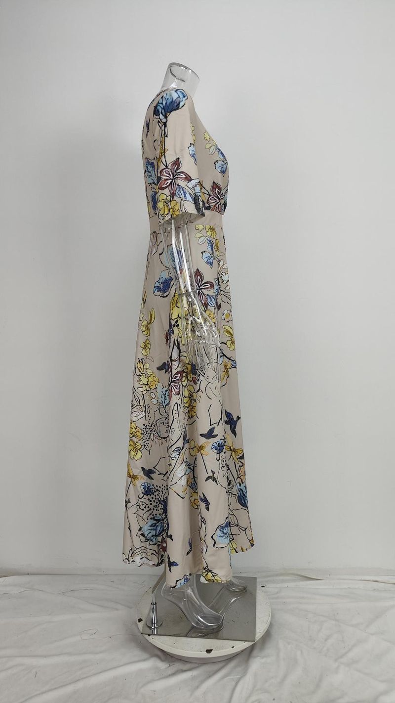 Abito a maniche lunghe con scollo a V stampato, vestibilità attillata, elegante e attillato, da donna, primavera 2025_voghion.com