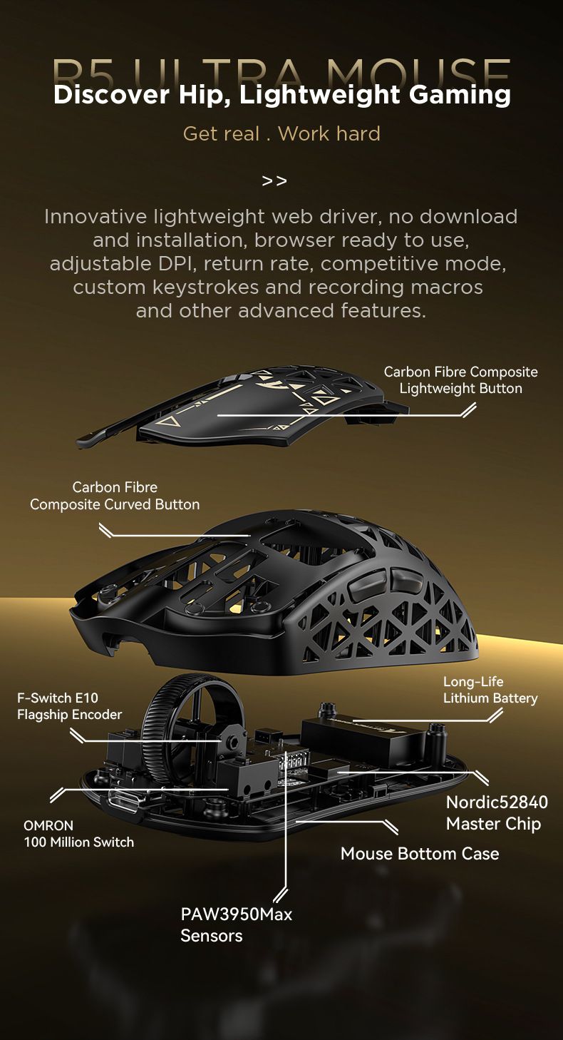 Ratón inalámbrico para juegos de fibra de carbono 8K, 42 g, ligero, PAW3950MAX, 42 000 DPI, ultraligero para esports FPS_voghion.com