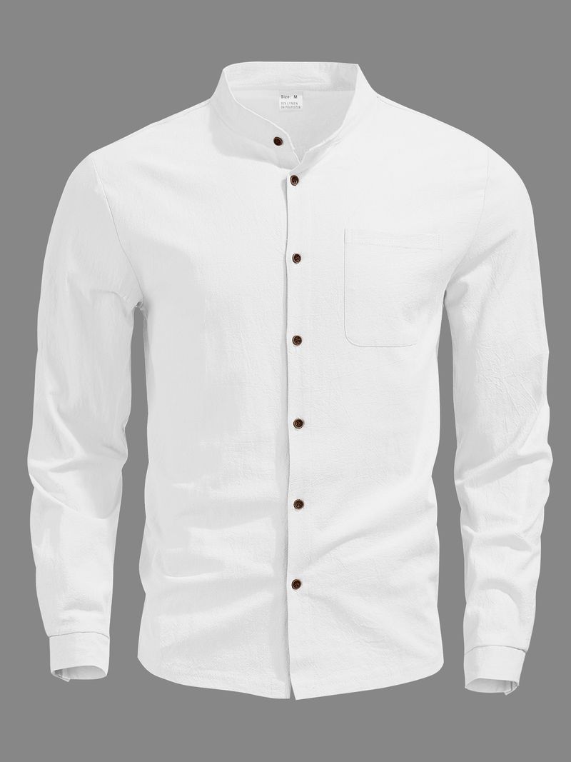 Camicia casual a maniche lunghe in lino traspirante con colletto alla coreana, stile hawaiano, da uomo_voghion.com