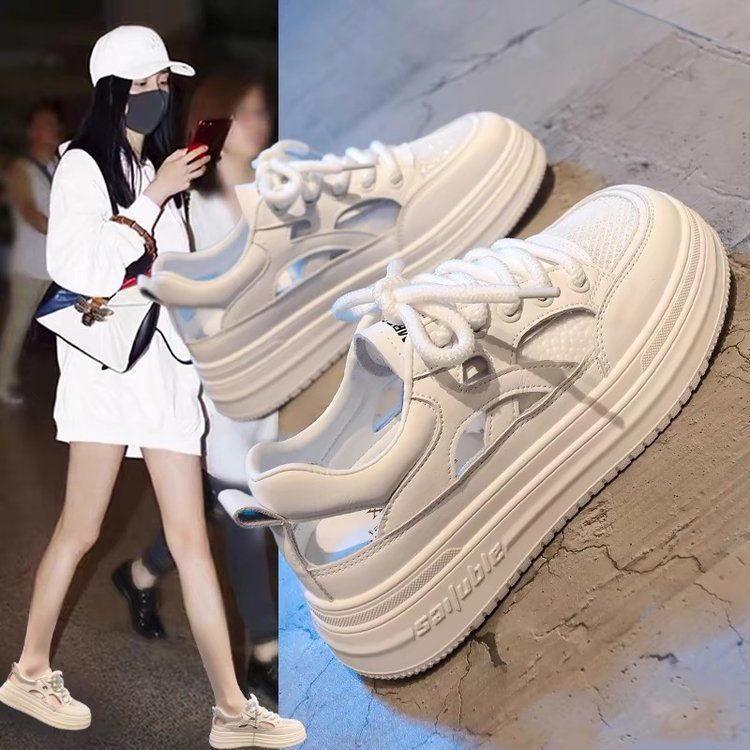 Thick-soled Hollow White Shoes Women's Lace-up Breathable Sports Sandals Versatile Casual Hole Shoes_voghion.com