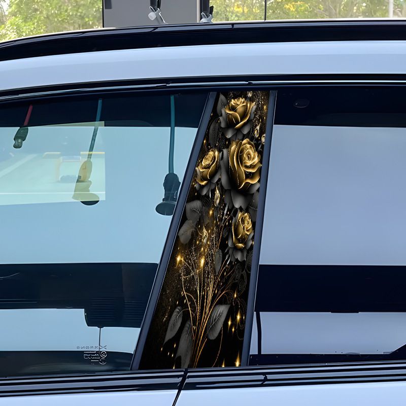 Embellecedor de ventana de coche con diseño de rosa dorada negra y columna central, antiarañazos, decoración creativa personalizada, pegatina para pilar B_voghion.com