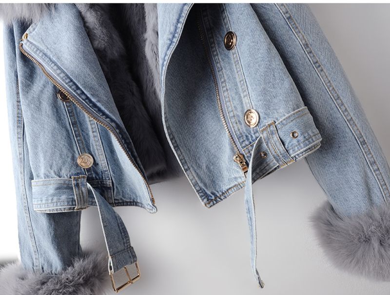 Giacca corta da donna in denim di piccole dimensioni, alla moda, con collo in pelliccia di volpe e fodera in pelliccia di coniglio, stile autunno e inverno_voghion.com