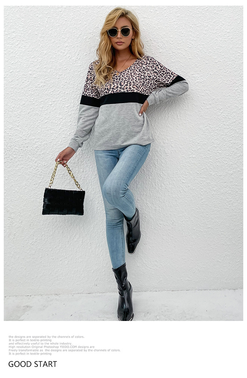 Women's clothing independent station early autumn casual women's leopard print splicing long-sleeved bottoming shirt for women_voghion.com