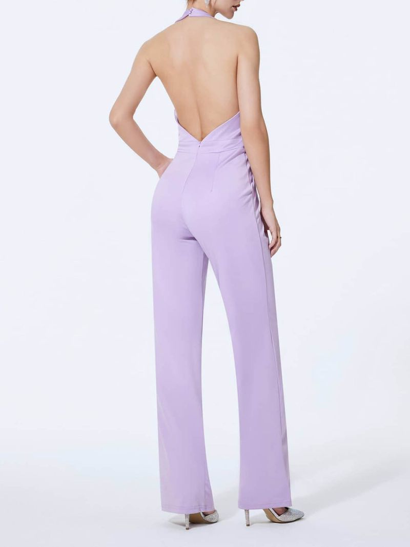 Elegante halternek jumpsuit voor dames - Lange mouwloze jumpsuit met V-hals, rekbaar polyester, halfhoge taille - (S-2XL)_voghion.com