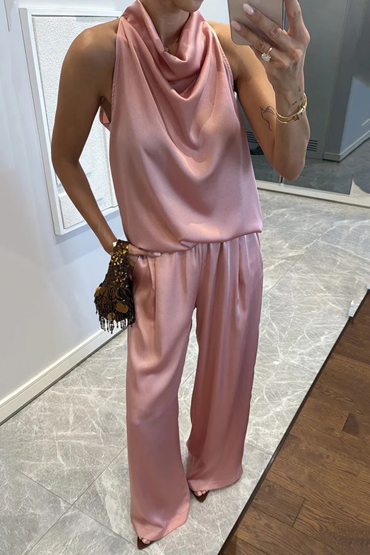 Completo da donna con pantaloni larghi e senza maniche in raso - Completo casual da due pezzi per le vacanze estive e l'uso quotidiano (colori multipli)_voghion.com