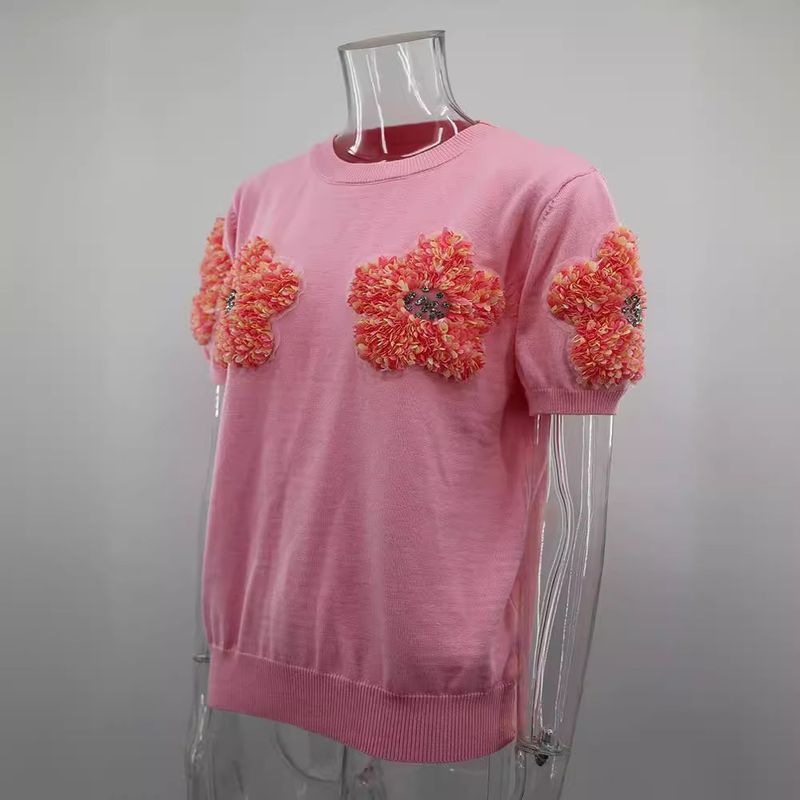 Abbigliamento donna Maglione girocollo a maniche corte con fiori a contrasto di colore rosa dolce_voghion.com