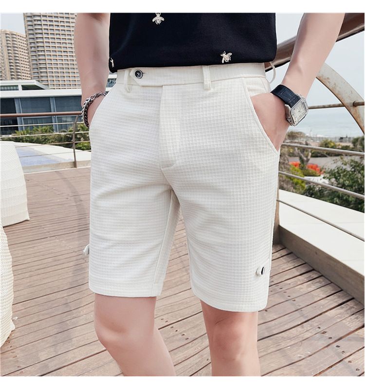 Summer new Internet celebrity trend waffle fabric casual shorts British temperament men's slim-fitting five-point pants_voghion.com