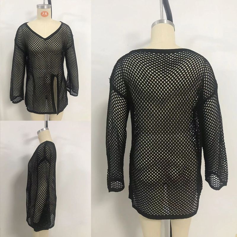 V-neck Beach Blouse, Hollow Perspective, Side Split At The Hem, Long-sleeved Beach Top, New In 2025._voghion.com