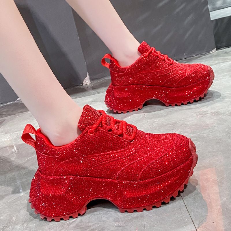 Modische Damen-Sneaker mit Strasssteinen – klobige Plateauschuhe für mehr Körpergröße, atmungsaktives Obermaterial aus PU, lässige und trendige Low-Top-Schnürschuhe_voghion.com