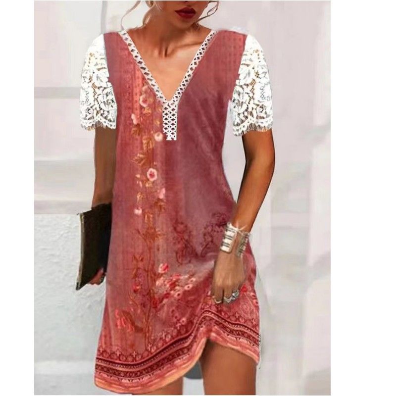 Women's Clothing women's casual lace splicing collar short-sleeved dress_voghion.com