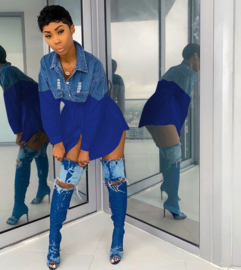 Moda femminile Camicia in denim alla moda con gonna slim fit allacciata_voghion.com