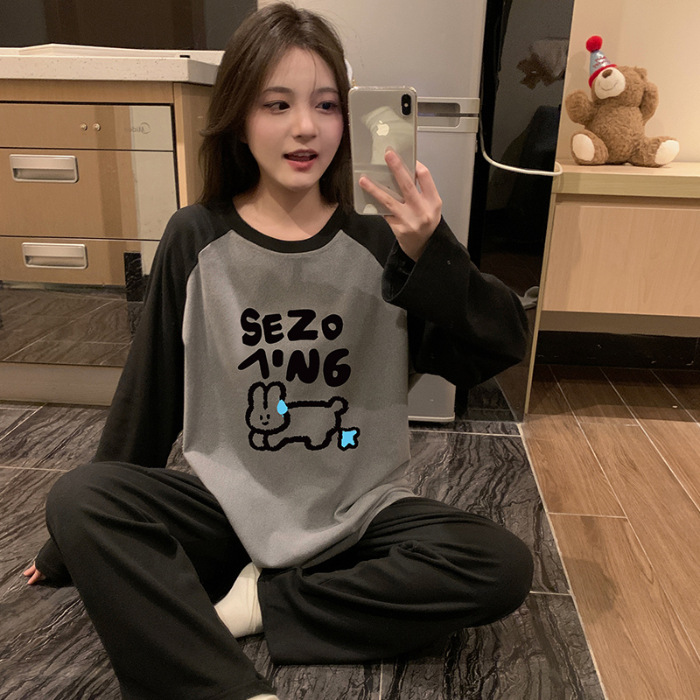 Pajamas girls in spring autumn, cute cartoon round neck long sleeved pants girls, sweet and loose German velvet,_voghion.com