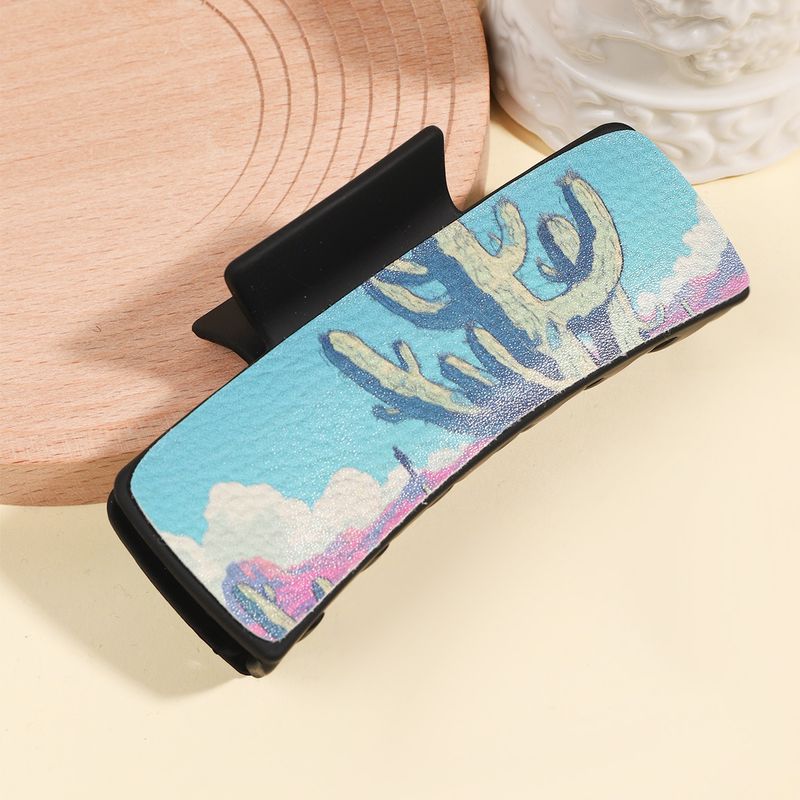 Kaktus-Haarspange aus PU-Leder mit Aufdruck – Wüstenpflanze im Anime-Stil, Krallenklammer für den Hinterkopf – Großer Hai-Clip_voghion.com