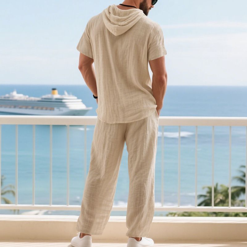 Pantaloni da uomo in lino casual, larghi, semplici, con cappuccio, a maniche corte, stile americano, stile transfrontaliero europeo e americano._voghion.com