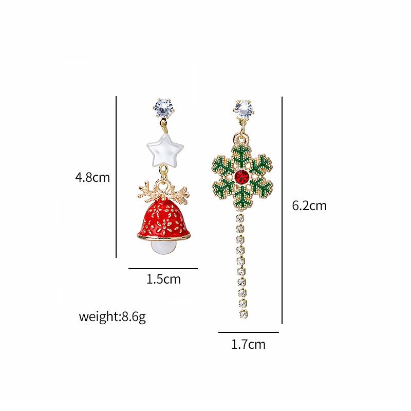Boucles d'oreilles tendance de Noël 2025 | Pendantes asymétriques en forme de cloche et de flocon de neige | Pompon multicolore en strass | Bijoux de fête | Emballage cadeau_voghion.com