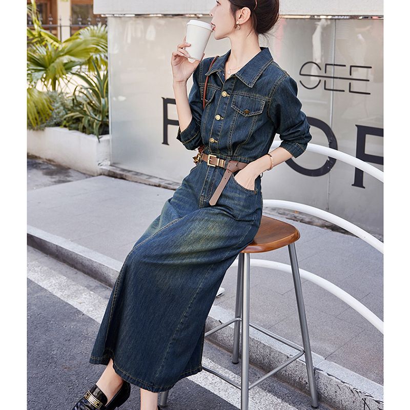 Abito in denim con maniche europee per donna in primavera e autunno, nuova gonna lunga aderente con cintura in vita_voghion.com