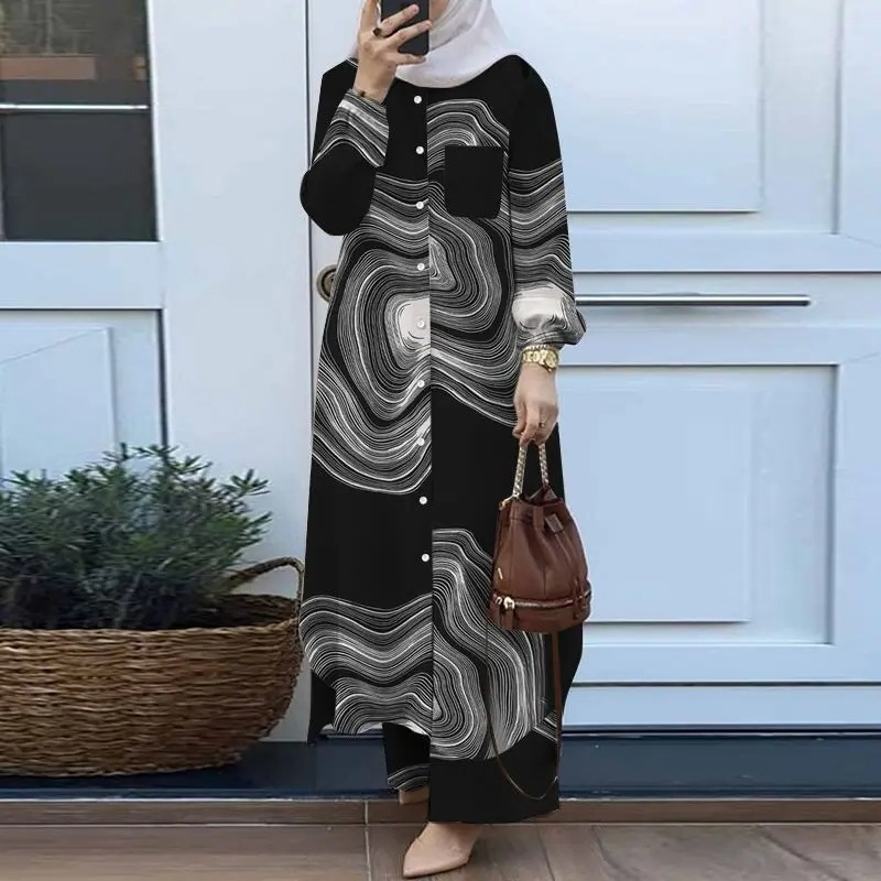 Traje de bata estampado a la moda para mujer, camisa y pantalones de manga larga con botones, traje de dos piezas_voghion.com