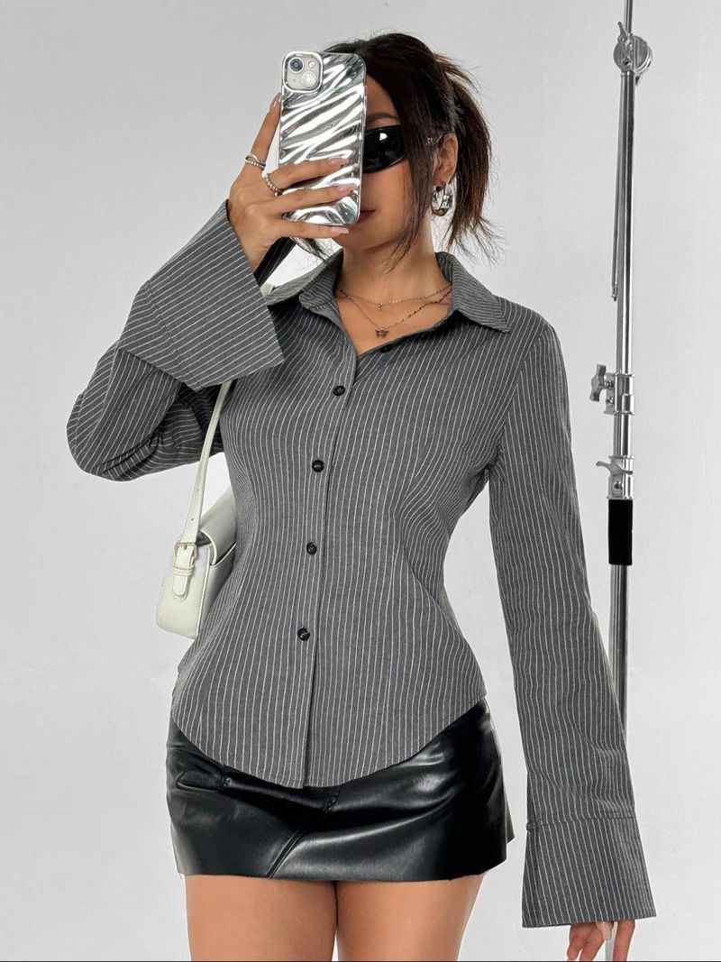 Abbigliamento da donna, camicia casual a righe, moda cardigan, nuova camicia a maniche lunghe con bottoni_voghion.com