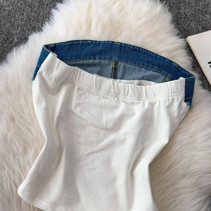 Women's Clothing Retro Hottie Letter Embroidered Tube Top Summer Fashion Denim Stitching Slim Fit Camisole Vest_voghion.com