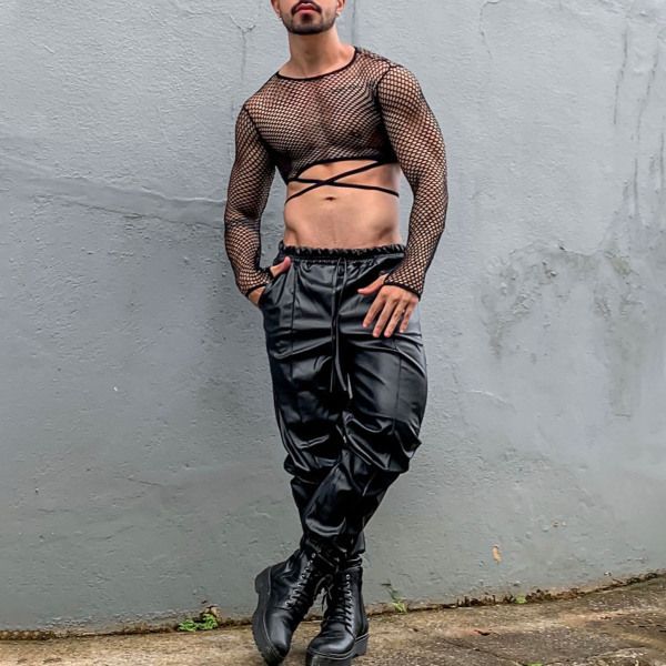 Men's Clothing men's slightly transparent sexy underwear, men's design, hollow mesh, short sleeve, short fashion, t-shirt, men's clothing_voghion.com