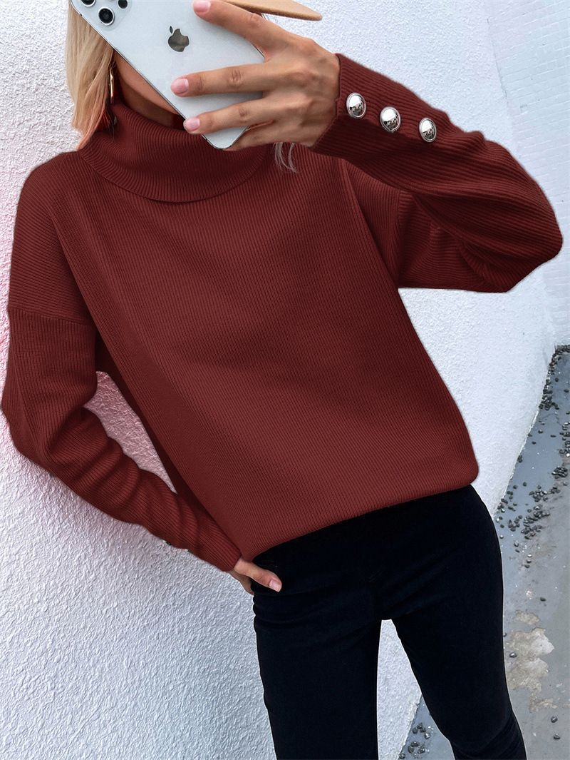 Maglione oversize con collo alto e bottoni – Maglia a righe e tinta unita per donna (S-XXL, bianco/kaki/rosso/nero/bordeaux)_voghion.com