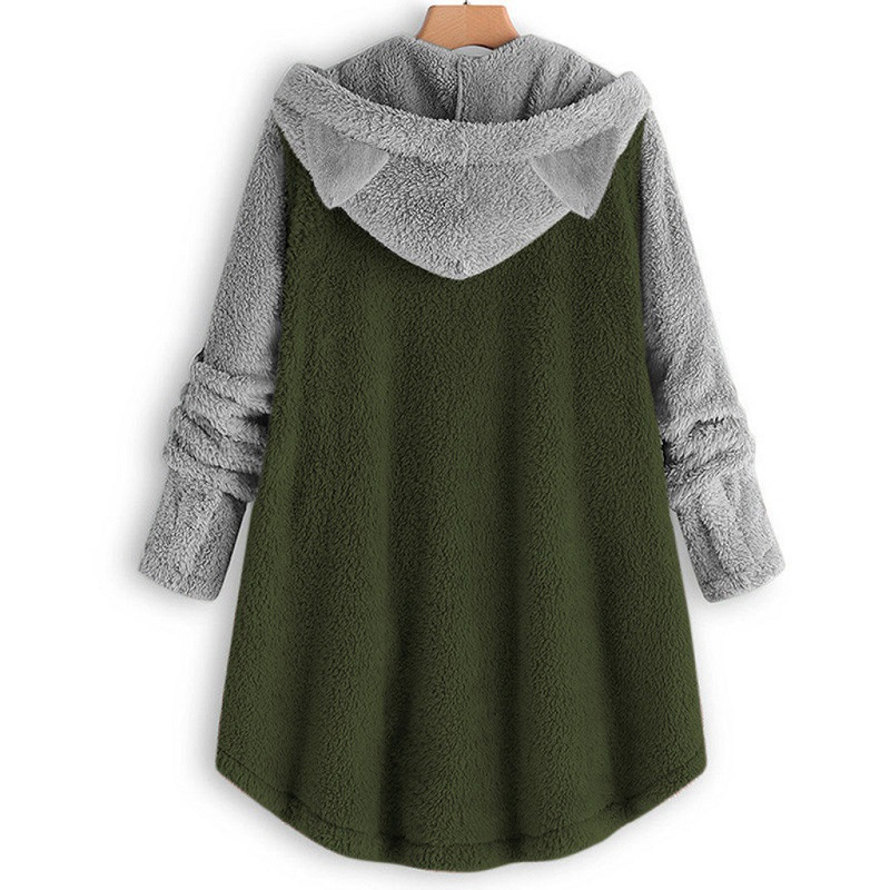 Women's Clothing Autumn And Winter Button Hooded Cat Ear Plush Top Irregular Trendy Brand Color Matching Jacket For Women_voghion.com