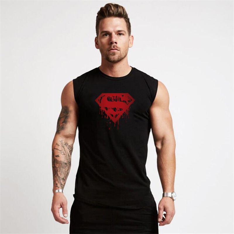 T-shirt senza maniche per sport estivi da uomo Bodybuilding Fitness Superman Canotta attillata in puro cotone Abbigliamento da allenamento per la corsa_voghion.com