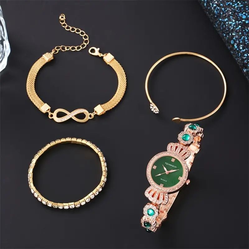 Fashionable and versatile diamond studded steel bracelet watch + heart studded diamond bracelet set for women_voghion.com