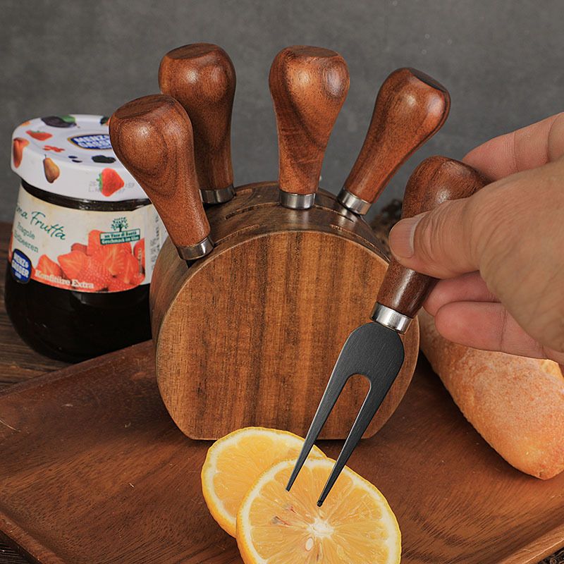 Solid Standable Handle And Fork Butter Acacia Wood Base Cheese Knife Set 6-Piece Gift Box_voghion.com