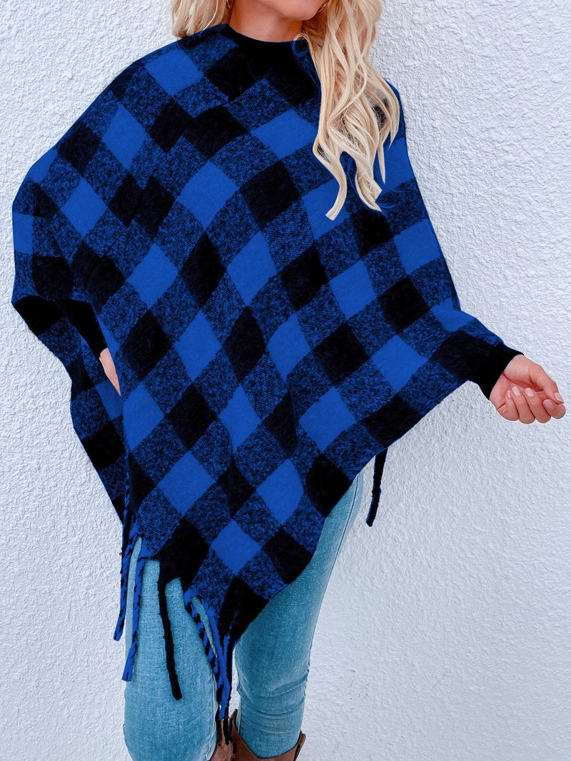 Maglieria da donna maglione a secchiello in pongee con scialle con frange a quadri mille uccelli_voghion.com