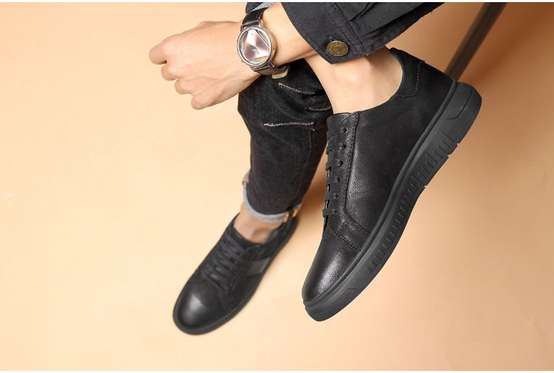 Men's Round Head Two-layer Cowhide Retro Men's Shallow Mouth Front Strap-up Flat Heel Board Shoes Men's Sports Shoes_voghion.com