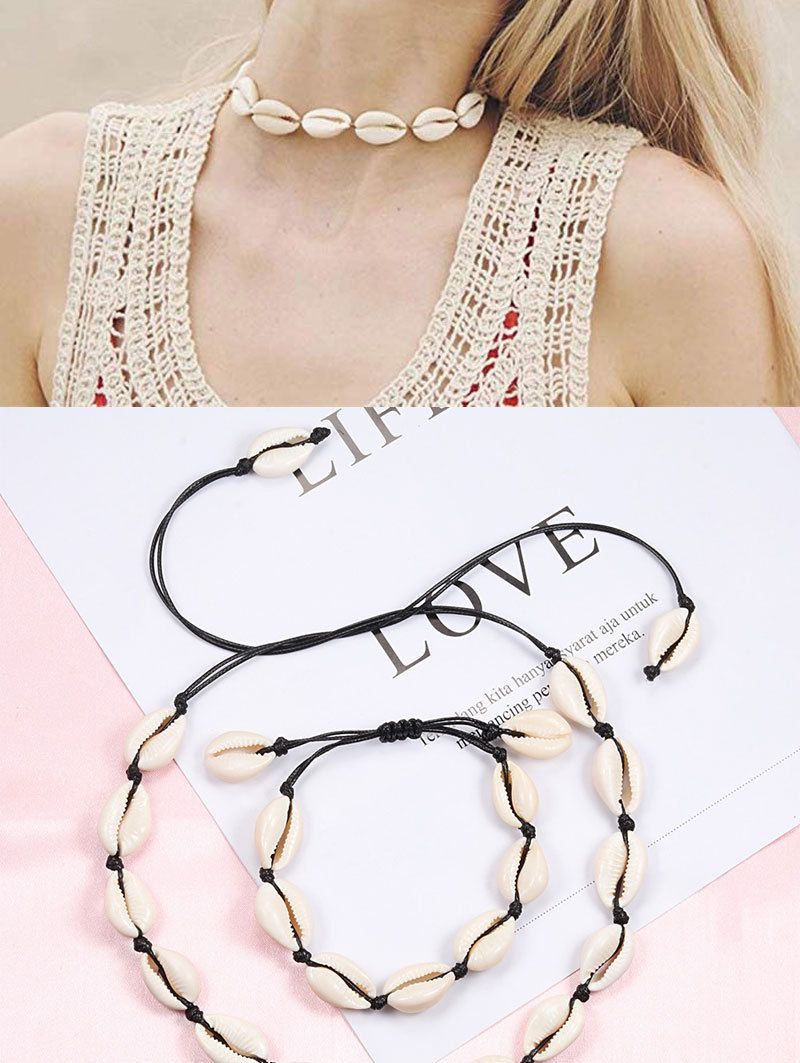 Hawaiian style woven jewelry set shell necklace handmade bracelet clavicle chain anklet bracelet beach spot_voghion.com