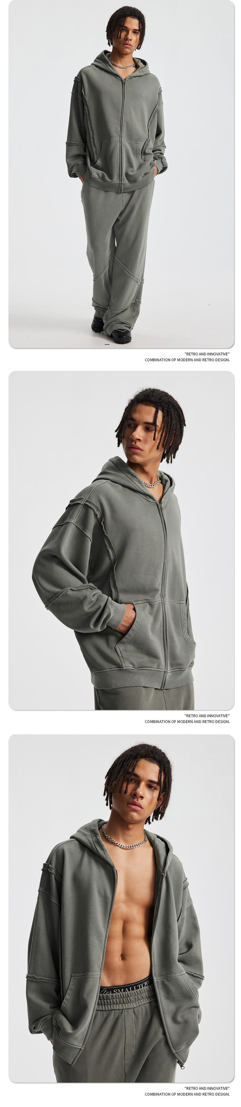 Sweatshirt-Set – Kapuzenpullover und Jogginghose mit Metallreißverschluss im Used-Look, Unisex-Streetwear, Oversize-Passform (verwaschenes Schwarz/Dunkelgrau/Graugrün, S-XXL)_voghion.com