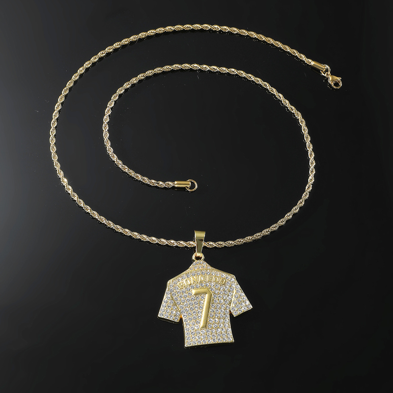 Colar Hip Hop Masculino Futebol 7 Pingente com Corrente de Aço Inoxidável e Colar de Strass Iced Out Jóias Esportivas Presente_voghion.com