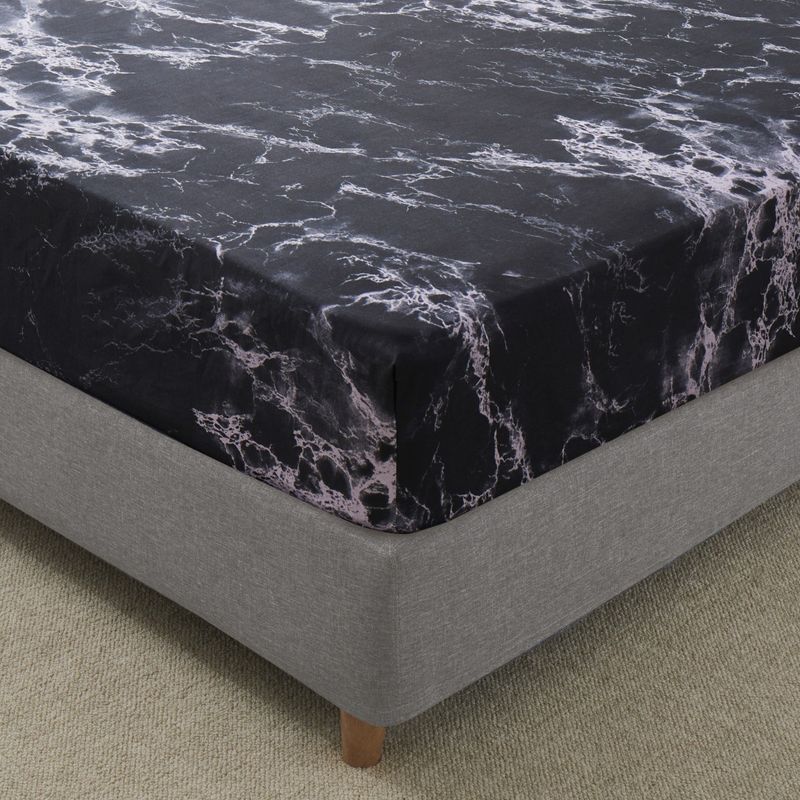 Sábana ajustable de mármol blanco y negro - Funda de poliéster con impresión 3D (tamaño Queen/King, bolsillo profundo, resistente a las arrugas, estilo hotel de lujo)_voghion.com