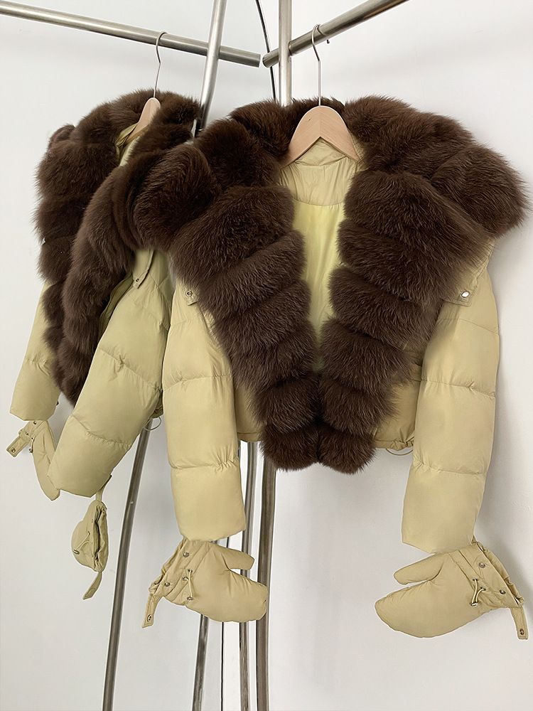 Women’s Short Puffer Jacket With Detachable Fox Fur Collar – Korean Style, Pastel Colors, Slim Fit Winter Coat_voghion.com