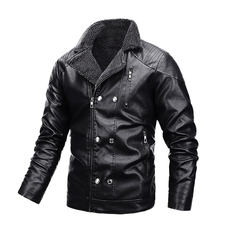 Col rabattu noir ourlet droit décontracté simple boutonnage poche latérale sans capuche, fourrure d'hiver pour jeunes hommes_voghion.com