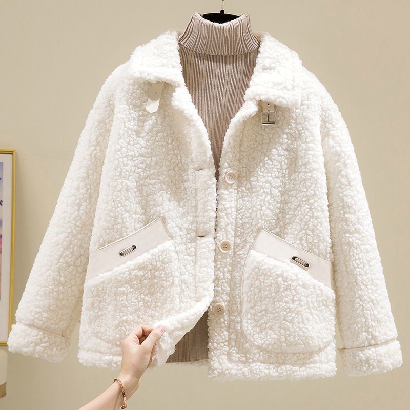 Abbigliamento da donna Giacca in pile con collo a polo per donna, nuovo stile coreano autunno e inverno, corto, in pile granulare, taglia piccola_voghion.com