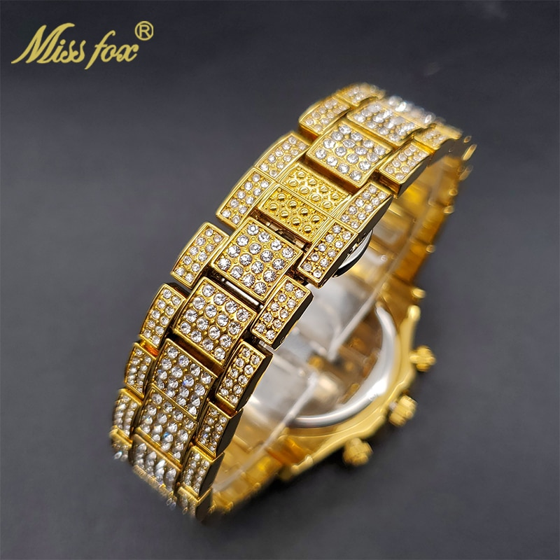 Missfox - Gouden herenhorloge, regenboogdiamanten wijzerplaat, chronograaf met drievoudige wijzerplaat, waterdicht, sportief, elegant_voghion.com