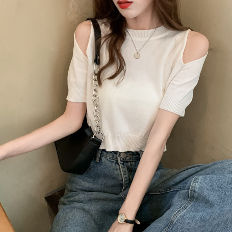 Off shoulder design top and bottom, summer slim fit short sleeved knitted t-shirt for women's clothing_voghion.com